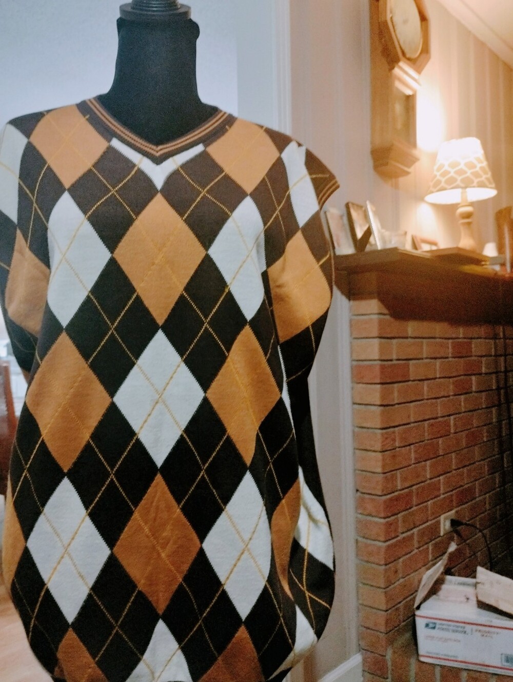 Men's Argyle V-Neck Sweater Vest in Brown, Black & White
